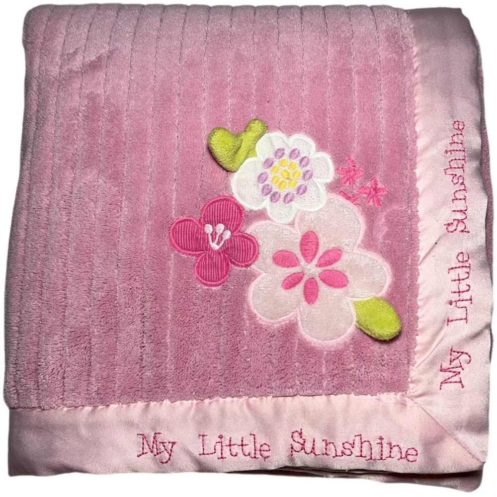 Carter's My Little Sunshine Pink Ribbed Flower Baby Blanket Satin Trim Girl
